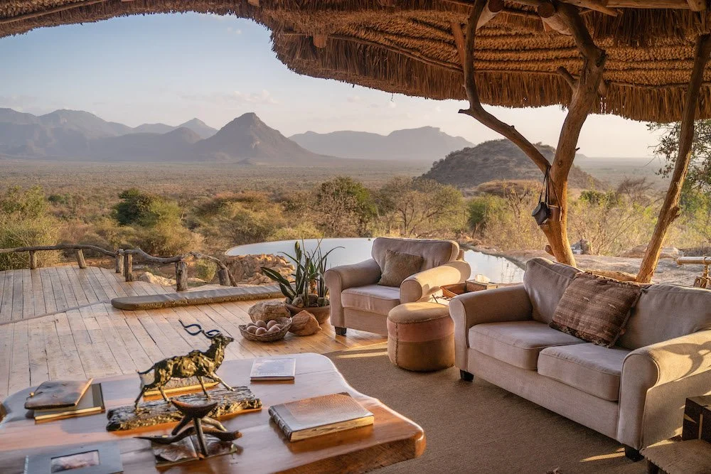 Open air lounge and pool at Sarara Camp ecolodge and safaris in Northern Kenya.